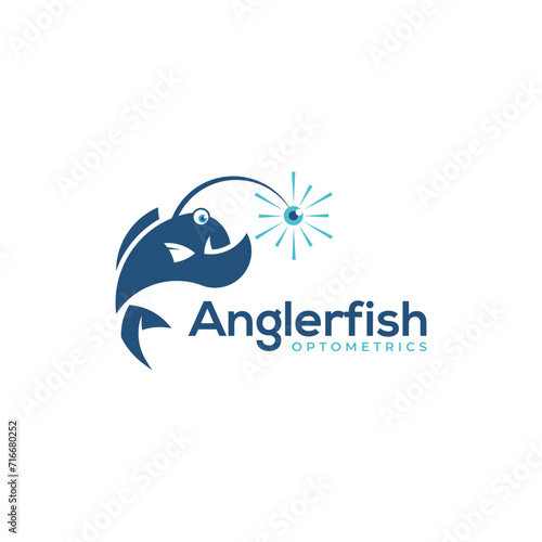 Cute Anglerfish Cartoon Character With Eye Shape, Logo Design Template Vector for Optometrics Medical Business 