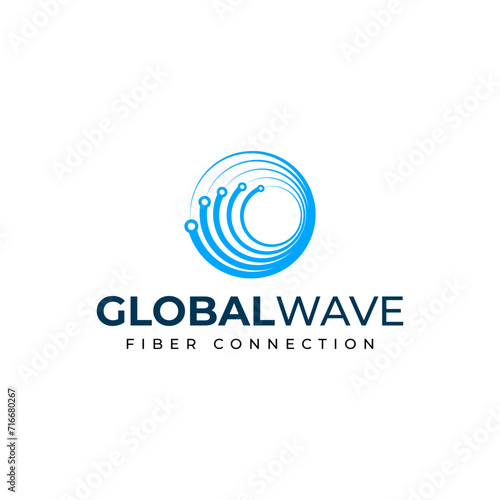 Modern Simple Global Wave Fiber Connection Logo Design for Communication Company