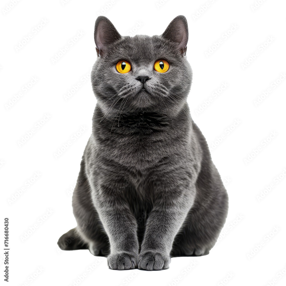 Studio portrait of gray cat with yellow eyes sitting and looking forward