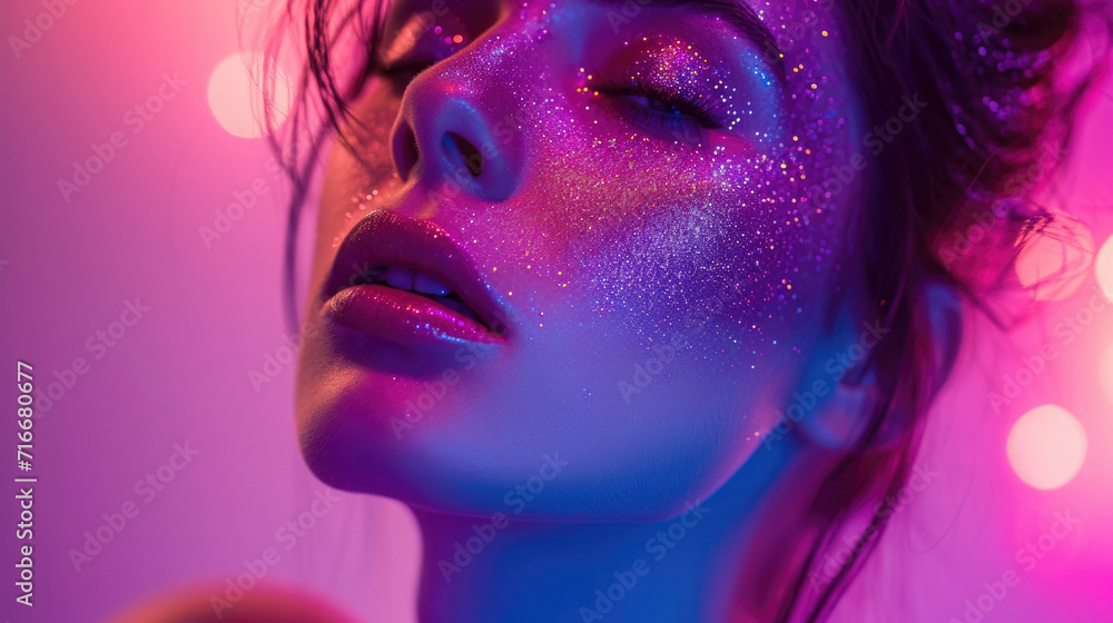 Fototapeta premium High Fashion model lips and face woman in colorful bright neon uv blue and purple lights, posing in studio