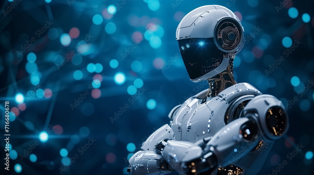 Robot arm crossed, Humanoid robot standing on blue futuristic background. Generated AI. Robot arm crossed, Humanoid robot standing on blue futuristic background. Generated AI.