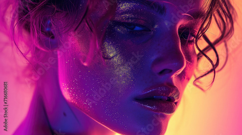 High Fashion model lips and face woman in colorful bright neon uv blue and purple lights, posing in studio