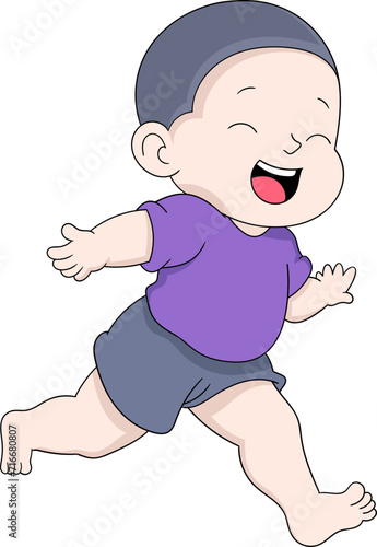 illustration of a picture of a kid's activity, a bald kid is running around with a happy face while on holiday