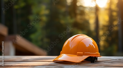 Orange Safety Helmet on a wooden Underground in a Construction Site. Blurred Forest Background