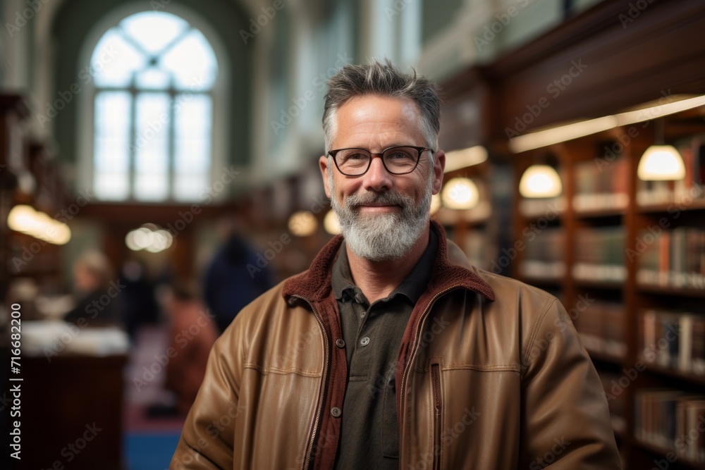 Portrait of a grinning man in his 50s wearing a lightweight packable anorak against a classic library interior. AI Generation Portrait of a grinning man in his 50s wearing a lightweight packable anorak against a classic library interior. AI Generation