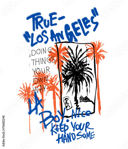 Summer graffiti print, graffiti text print, palm tree vector, spray effects for tropical summer print, slogan for Los Angeles tee shirt design