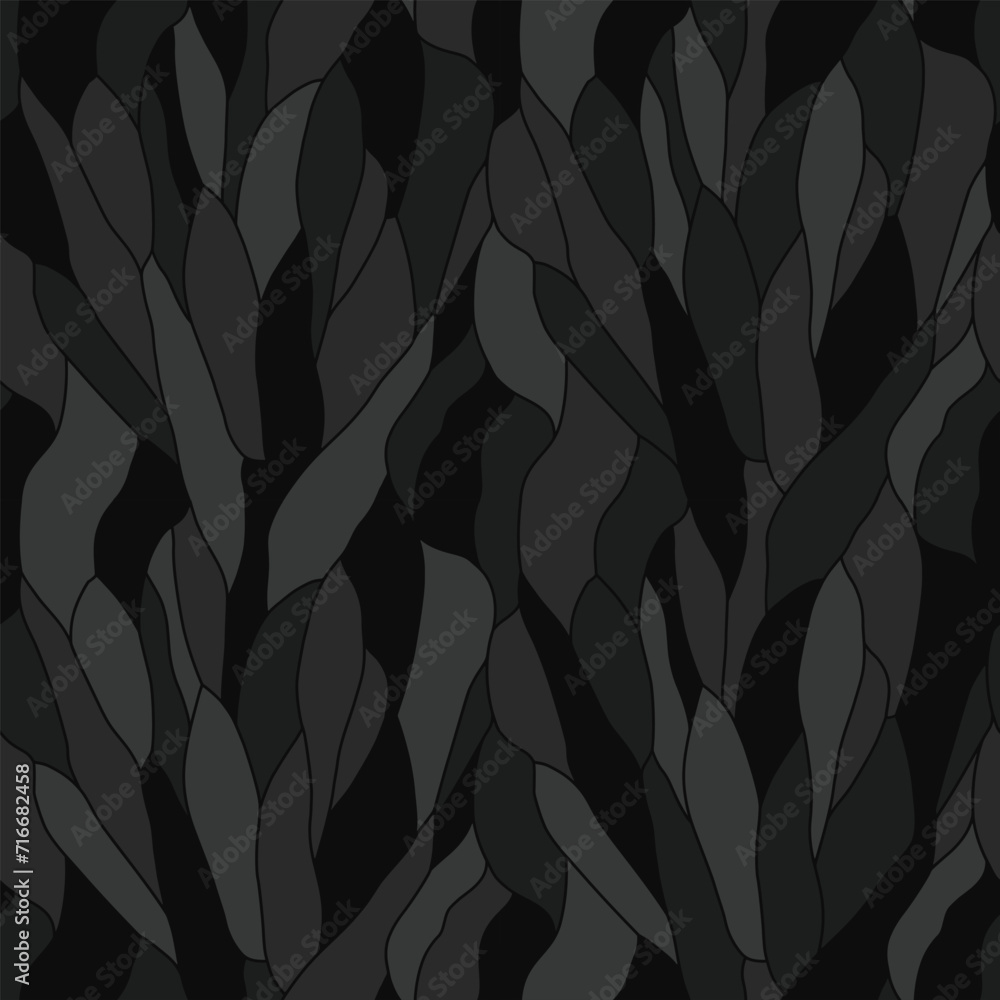 Curly waves tracery, black and gray curved lines, stylized abstract petals camouflage pattern. Leaflets camo texture wallpapers for printing on paper or fabric. Vector seamless background