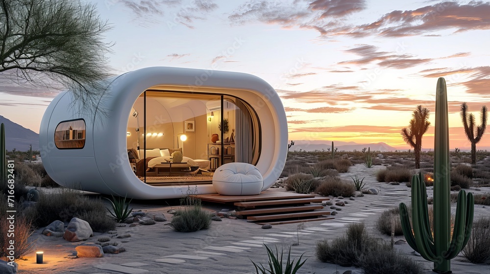 White glossy tiny house in futuristic style in desert or beach, agave, cactus, capsule round form, golden hour evening dusk, stones, bright style - obrazy, fototapety, plakaty 