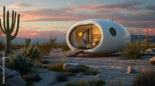 White glossy tiny house in futuristic style in desert or beach, agave, cactus, capsule round form, golden hour evening dusk, stones, bright style