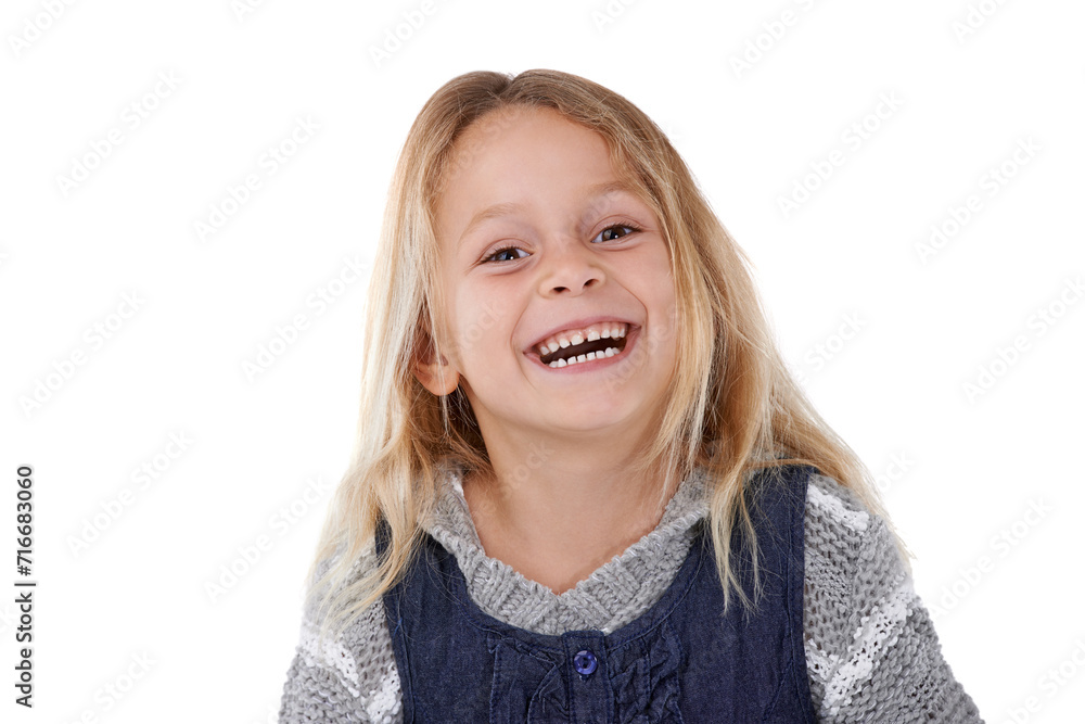 Laughing, happy and portrait of child on a white background with trendy clothes, style and fashion. Childhood, facial expression and isolated young kid with funny joke, humor and happiness in studio