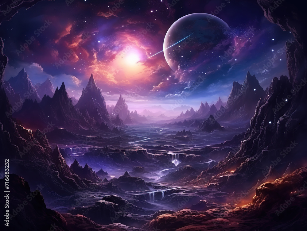 Futuristic fantasy night landscape with abstract islands and night sky