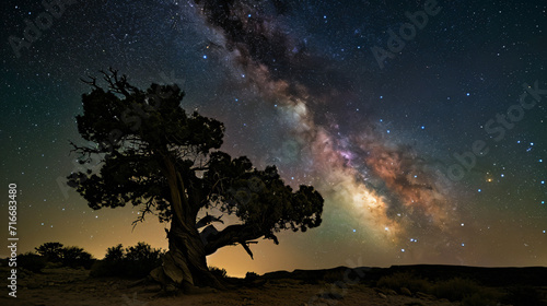 Starry night sky over a desert with an ancient trees silhouette against the Milky Way.