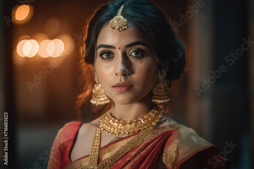 Beautiful girl wearing saree and gold jewelry. Generative AI