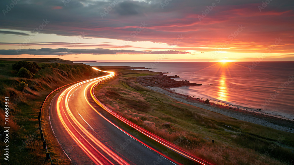 Sunset over a coastal road with light traffic and a view of the ocean.