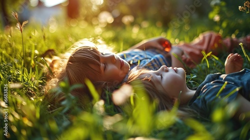 Fototapeta Naklejka Na Ścianę i Meble -  Two cute little girls lying on green grass in summer park at sunset