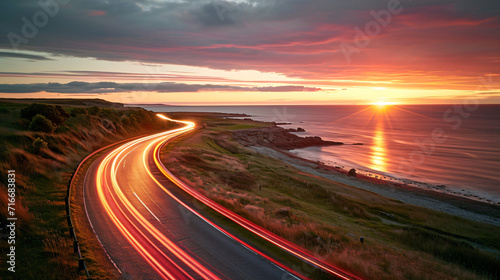 Sunset over a coastal road with light traffic and a view of the ocean.