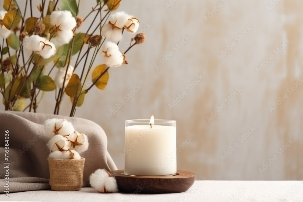Candle and Cotton Decor on Neutral Textile