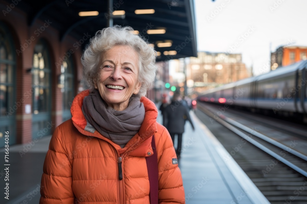 Portrait of a cheerful woman in her 70s sporting a long-sleeved thermal undershirt against a modern city train station. AI Generation Portrait of a cheerful woman in her 70s sporting a long-sleeved thermal undershirt against a modern city train station. AI Generation
