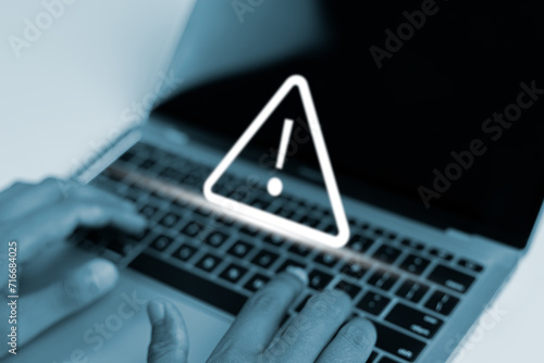 System warning hacked alert, Protection against personal data hacking, Notification error mark computer virus detected caution, Cyber attack on computer network, Virus and cybercrime, Cybersecurity.