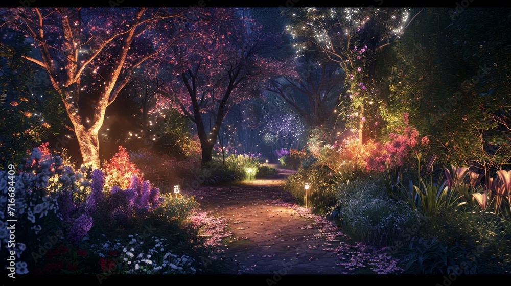Obraz premium The Enchanted Garden: An Illuminated Haven at Dusk