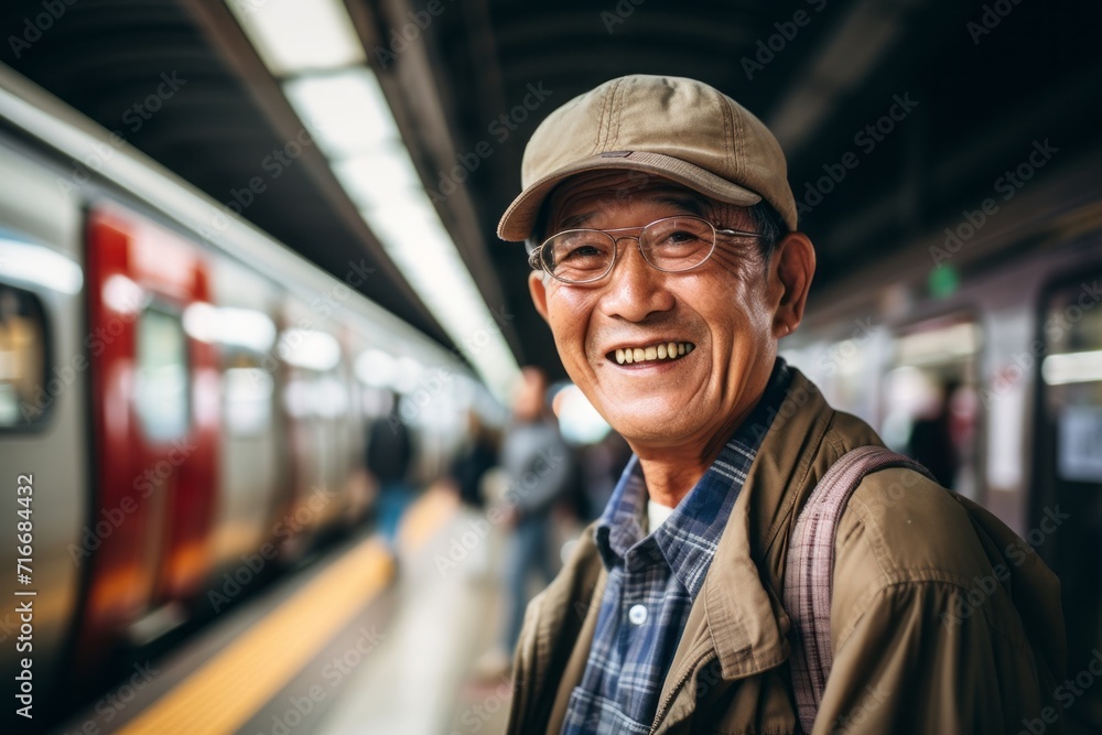 Portrait of a grinning asian elderly man in his 90s sporting a technical climbing shirt against a modern city train station. AI Generation Portrait of a grinning asian elderly man in his 90s sporting a technical climbing shirt against a modern city train station. AI Generation