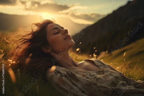 Woman Relaxing in Mountain Meadow