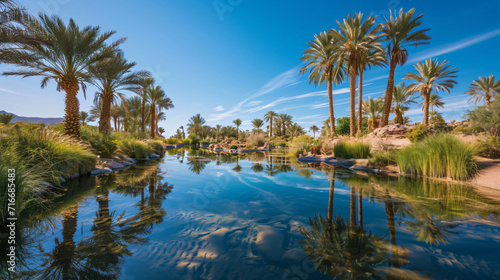 Oasis in the desert with palm trees and a small pond reflecting the clear blue sky.