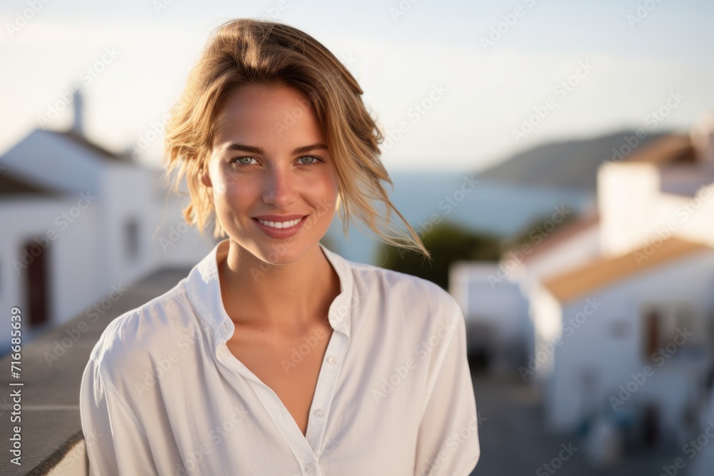 Portrait of a grinning woman in her 20s wearing a simple cotton shirt against a picturesque seaside village. AI Generation Portrait of a grinning woman in her 20s wearing a simple cotton shirt against a picturesque seaside village. AI Generation