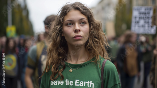 Portrait of a woman in the middle of a march calling for saving the earth and the environment.