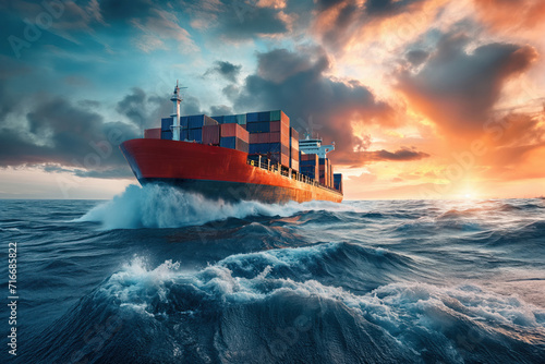Container ship floats with ocean splashing big waves during a storm strong wind accompanied AI Generation