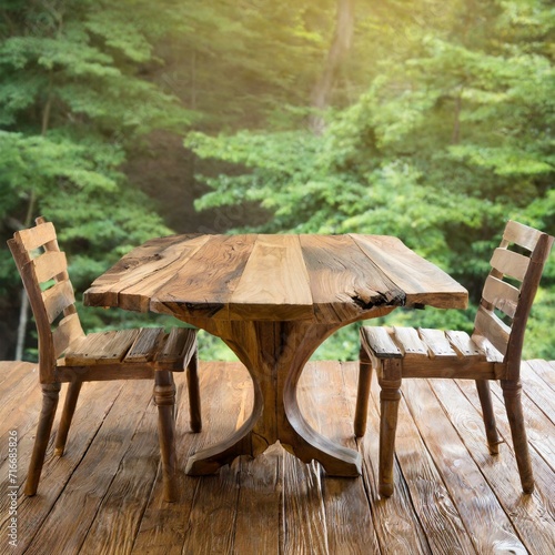 森の中にあるナチュラルな木の机と椅子