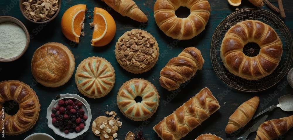  a table topped with croissants, oranges, muffins, and other pastries next to a bowl of fruit and a bowl of yogurt.