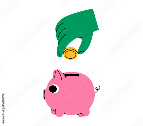 Hand drawn cute cartoon illustration of hand puts coin into piggy bank. Flat vector moneybox for savings sticker in doodle style. Bank deposit or financial cushion icon. Investment. Isolated.
