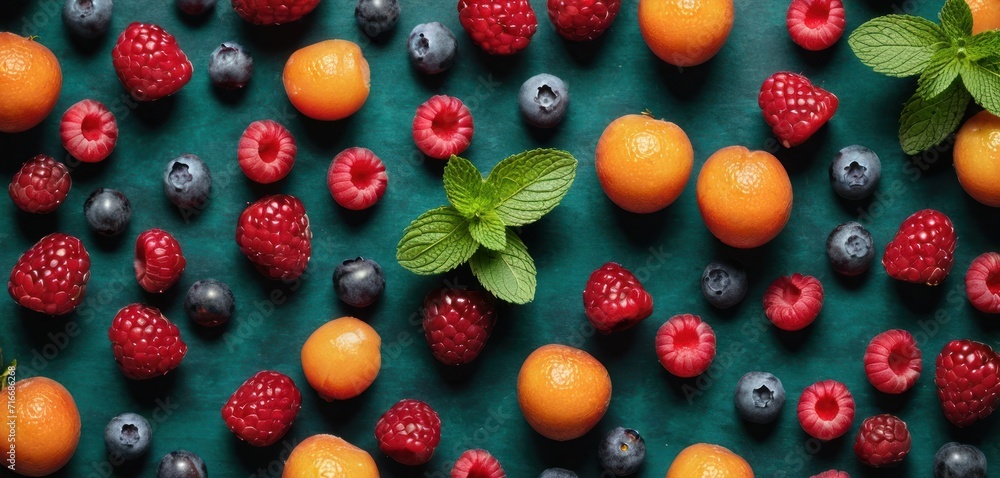  berries, oranges, raspberries, and mint leaves on a green surface with green leaves and red raspberries on the top of the image and blueberries on the bottom.