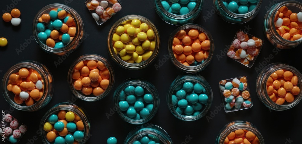 a variety of candies in glass containers on a black surface with candy candies in the middle of the jar and candy candies in the middle of the jar. a variety of candies in glass containers on a black surface with candy candies in the middle of the jar and candy candies in the middle of the jar.