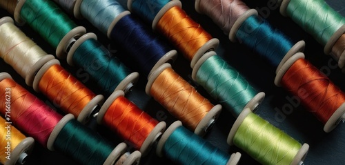  a group of spools of thread sitting next to each other on top of a wooden table with spools of thread on top of the spools.