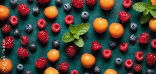  berries  oranges  raspberries  and mint leaves on a green surface with green leaves and red raspberries on the top of the image and blueberries on the bottom.