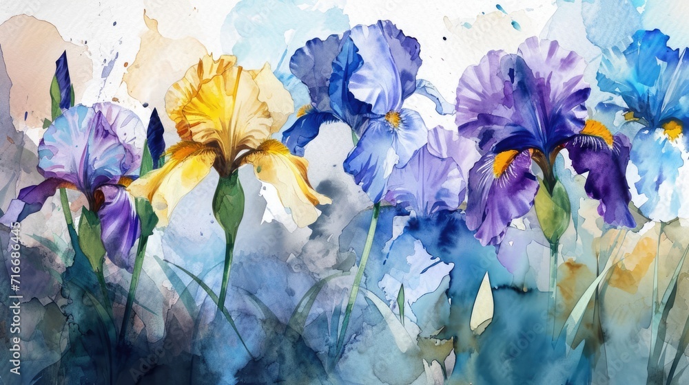 Vibrant Watercolor Irises in Bloom. Artistic watercolor painting of colorful irises with a dynamic, fluid background.