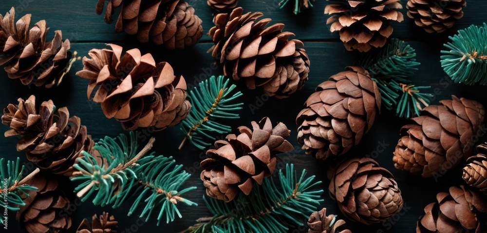 a group of pine cones sitting on top of a wooden table next to green needles and pine cones on top of a wooden table with pine cones on top of them. a group of pine cones sitting on top of a wooden table next to green needles and pine cones on top of a wooden table with pine cones on top of them.