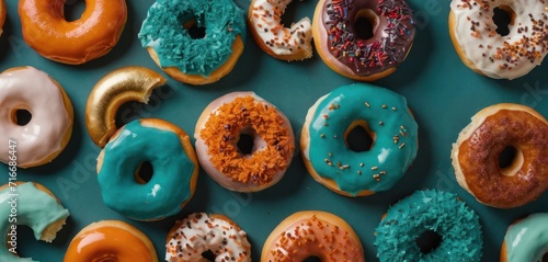  a bunch of doughnuts that are sitting on a blue surface with sprinkles on the top of the doughnuts and bottom of the doughnuts.