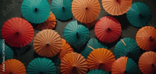  a group of multicolored umbrellas sitting next to each other on a black surface with a black wall behind them and a black wall behind the umbrellas.