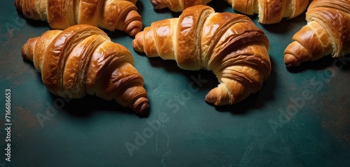  a group of croissants sitting on top of a blue counter top with one croissant cut in half and the other half of the croissant.