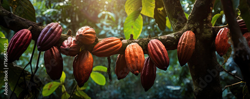 Cacao group pods on plant trees. © Milan