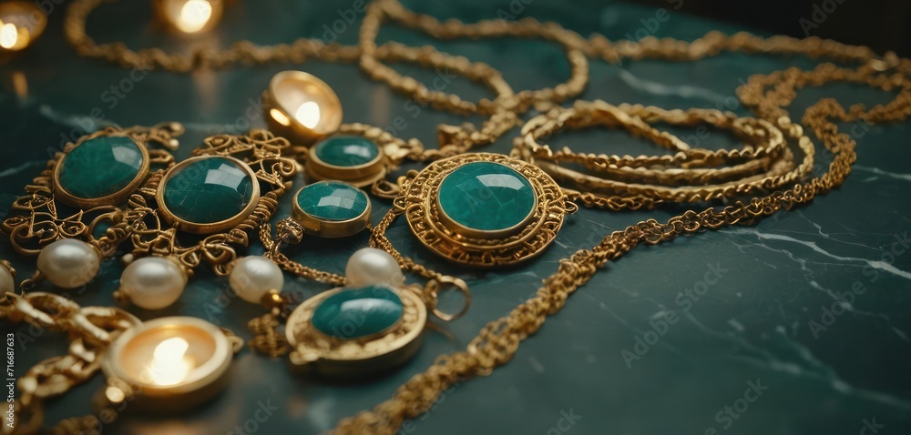  a close up of a bunch of jewelry on a table with candles in the background on a table with a green marble surface with gold chains, pearls and pendants.