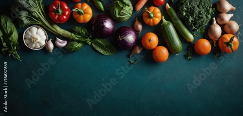  a table topped with lots of different types of fruits and veggies on top of a green counter top next to onions, tomatoes, broccoli, radishes, cucumbers, and onions.