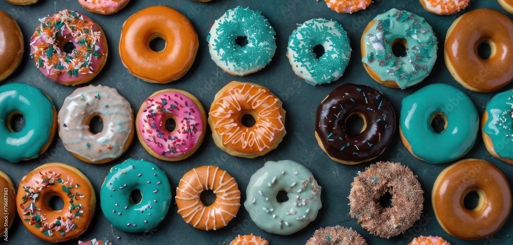 a bunch of different kinds of doughnuts on a black surface with sprinkles on the top of the doughnuts and the doughnuts on the bottom of the doughnuts. a bunch of different kinds of doughnuts on a black surface with sprinkles on the top of the doughnuts and the doughnuts on the bottom of the doughnuts.