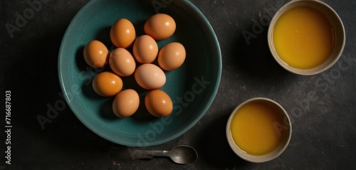  a blue bowl filled with eggs next to a cup of orange juice and two spoons on a black surface with two bowls of orange juice in front of them.