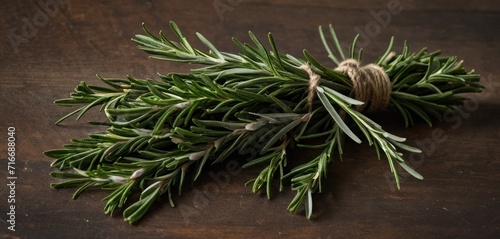  a close up of a sprig of rosemary on a wooden table with a twine of twine and a sprig of rosemary on the end of the sprig.