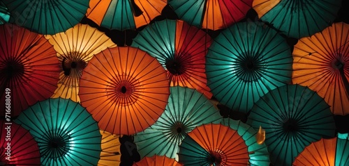  a group of multicolored umbrellas sitting next to each other on a black background with a green, red, orange, and blue umbrella in the middle.