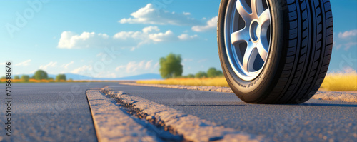 Summer tires on road in sunny day near beautiful nature. wide tire banner. copy space for text. © Milan